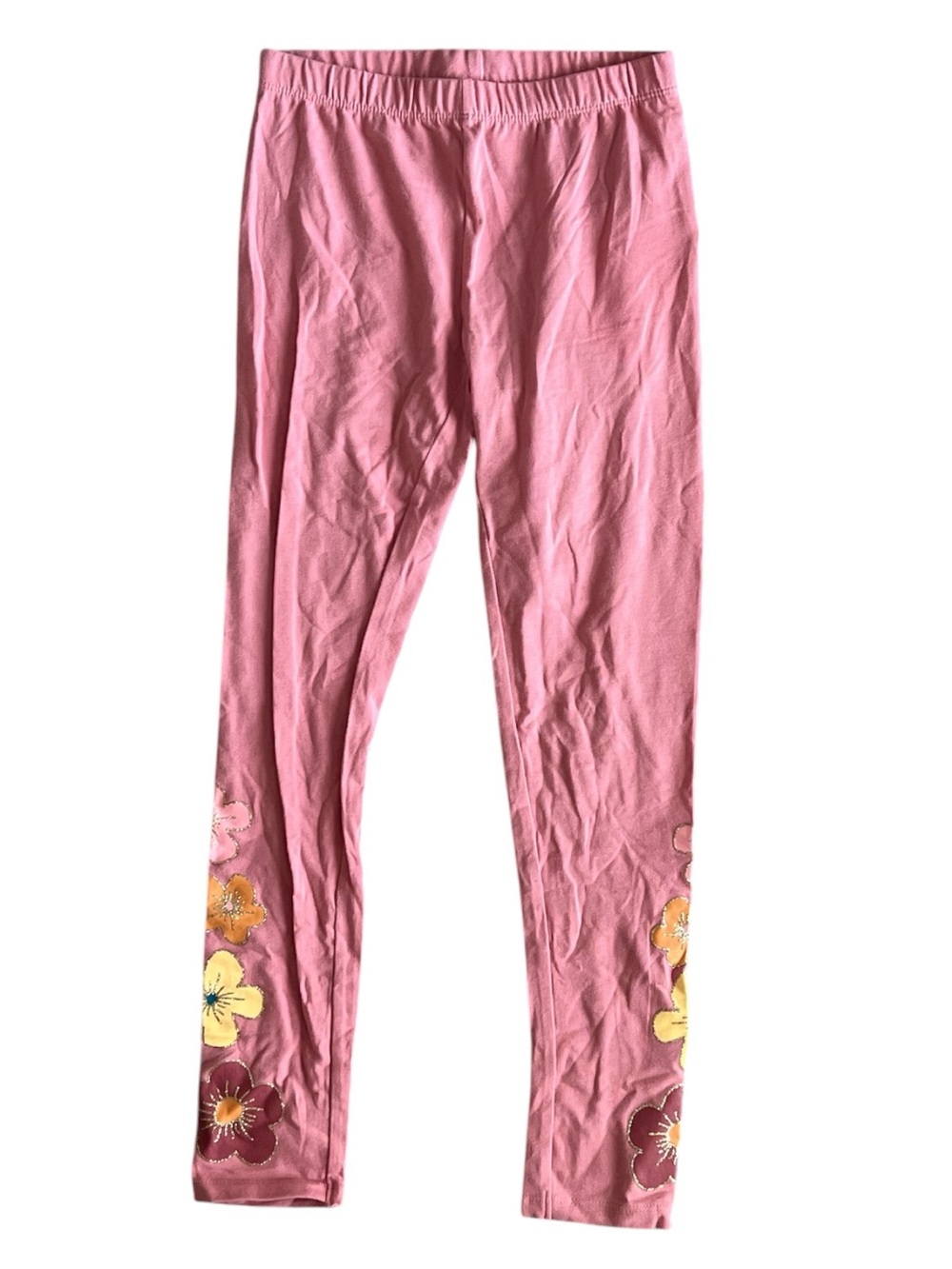 Lucky Penny Pink Floral-Appliqué Girls Leggings with Yellow & Orange Accents